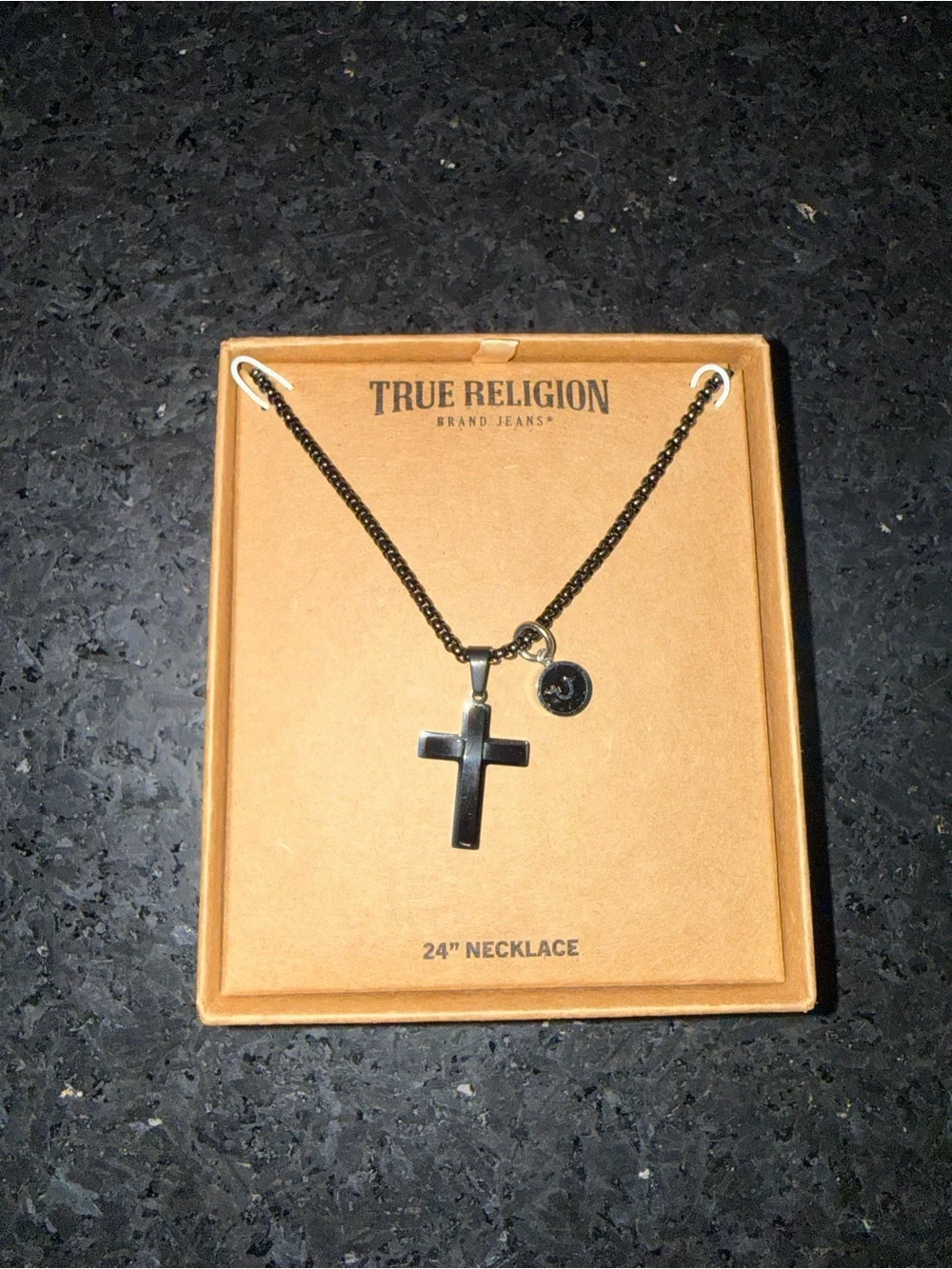 NEW True Religion Men’s Black 24” Necklace & Cross Pendant Logo Charm